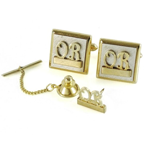 Swank Cufflinks Set Vintage Letters OR Initials Monogram w Tie Tack Pin TwoTone - Picture 4 of 6